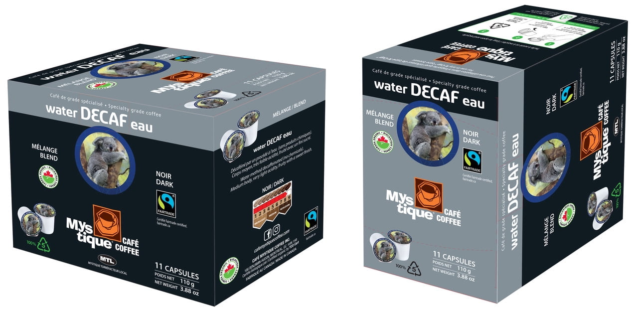 Mystique Coffee, WATER DECAF EAU, k-cup 100% recyclable, Spécialty grade coffee, Fairtrade &  organic, water methode Decaf, Dark roast,  coffee 100% arabica, 11 capsules, 110 g