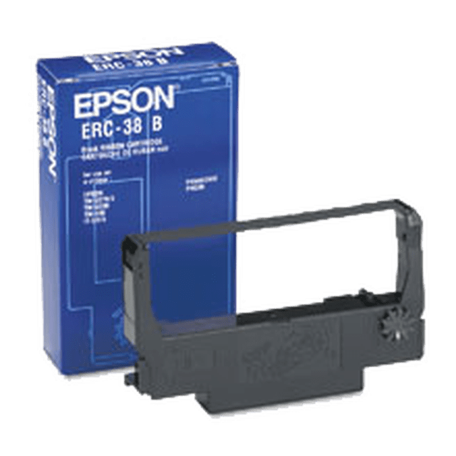 ~Brand New Original EPSON ERC38B Ribbon Cartridge Black for Epson M188B centered front-facing view of a black fabric ribbon cartridge with molded plastic housing and visible spool openings; compatible with TM-U200/TM-U220/TM-U300 series receipt and impact printers, often used as a replacement ribbon for point-of-sale receipt printing.