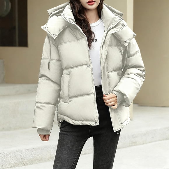 Mceream Womens Winter Puffer Jacket Warm Thick Hooded Down Coat Fashion Casual Zip Up Padded Short Outwear with Pockets Plus Size Outwear Chaqueta De Invierno Para Mujer White XL