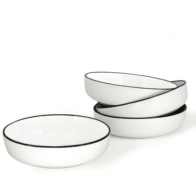 BIA S/4 Silhouette Ensemble de Quatre Bols à Lunch en Porcelaine Blanche avec Rebords Noirs, Diamètre de 20 cm (8 Pouces), Superposés et Côte à Côte sur Fond Blanc, avec des Formes de coupe au style bistro Classique, Va au Micro-Ondes et au Lave-Vaisselle, Convient Aussi pour Servir des Collations Ou des Plats d'Accompagnement.