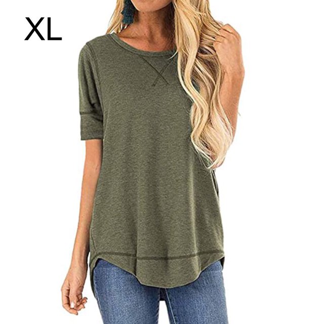 Women T-shirt Solid Color Stitching Solid Color Top Asymmetrical Hem Blouse, Khaki, XL