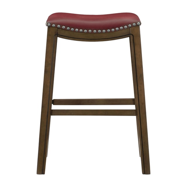 Topline Home Furnishings Tabouret Hauteur Pub avec Cadre en Bois Brun de 29 Pouces de Hauteur et Barres Repose-Pieds, Doté d'Un Siège Selle en Similicuir Rouge Profilé Bordé de Clous Ton Argent, Idéal pour les Îlots de Salle à Manger Ou de Cuisine Hauteur Pub.