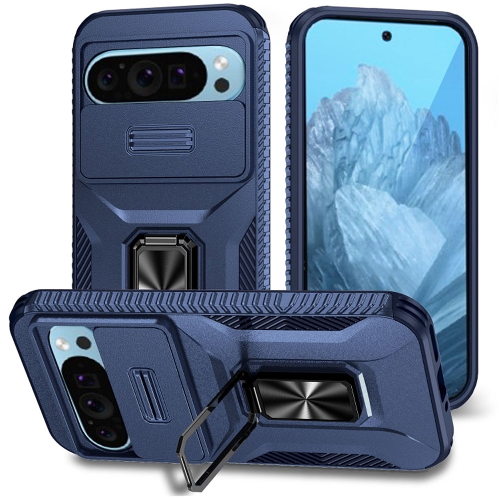 For Google Pixel 10 / 10 Pro Slim Fit Shockproof Hybrid with Slide Camera Cover & Rotated Ring Kickstand, [Military-Grade] Phone Case For Google Pixel 10 / 10 Pro 6.3",Blue