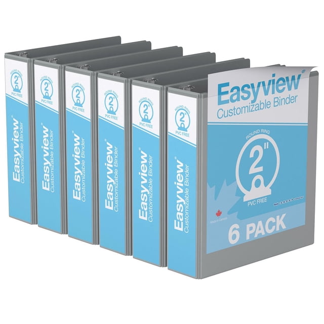 Davis Group Easyview Premium round ring customizable view binder 6 pack 2 inch in grey with clear overlay on front, spine, and back covers made from PVC free polypropylene. Suitable for office supplies and document organization, made in Canada.