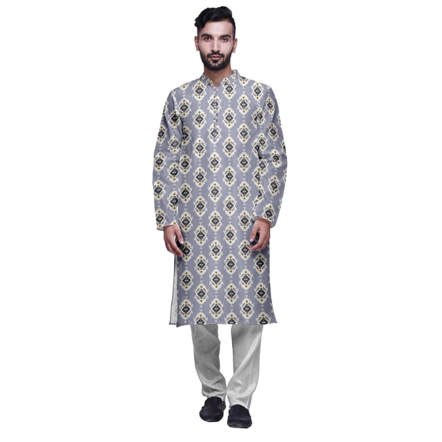 Atasi Printed Mens Kurta & White Churidar Pyjama Set Mandarin Neck Ethnic Wear