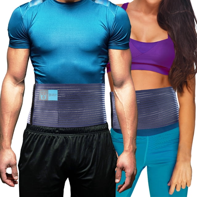 Everyday Medical Umbilical Hernia Belt with Compression Pad for Targeted Relief, shown worn by a man and a woman. The grey abdominal binder is made from a high-stretch elastic cotton blend fabric, featuring a removable silicone compression pad with a raised nipple for targeted hernia support. The belt includes metal supports for added back stability and is designed to relieve pain from various hernias, including umbilical, epigastric, and ventral hernias. Available in multiple sizes for a custom fit.