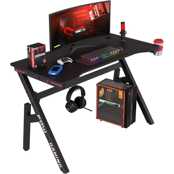 BestOffice Bureau de Jeu 47 Pouces – Ergonomique, Surface en Fibre de Carbone, Porte-Gobelet et Crochet pour Écouteurs pour Bureau à Domicile Ou Configuration de Jeu, Rouge