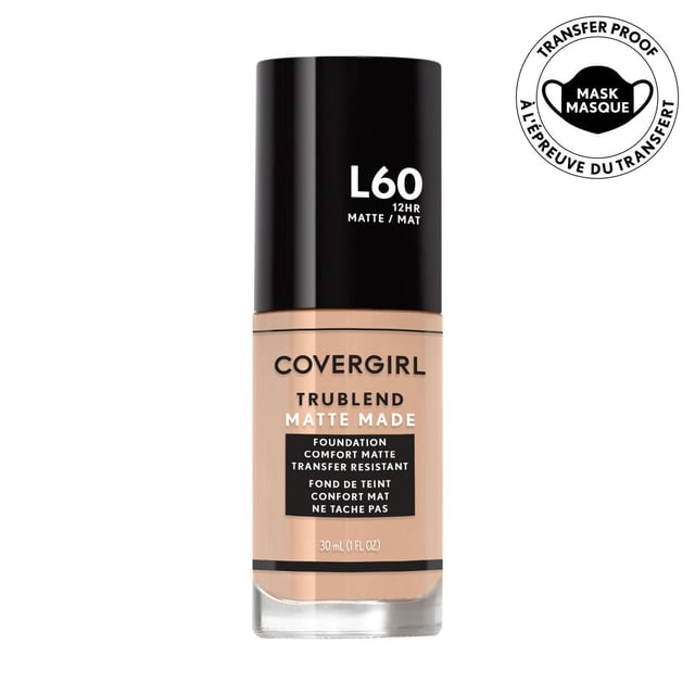 COVERGIRL Trublend Matte Made Foundation in shade L60, a 30 ml liquid foundation with a matte finish and transfer-proof formula lasting up to 12 hours, designed to minimize pores and absorb oil for a natural matte look, suitable for normal to oily skin tones.