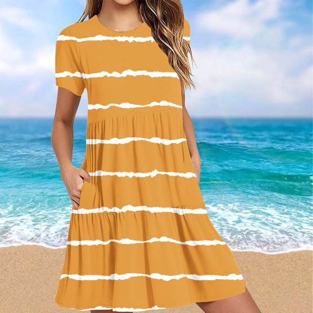 mtvxesu Robes Grande Taille, Robe T-Shirt d'Été Décontractée à Manches Courtes pour Femme, Robes Mini à Étages avec Poches, Robes d'Invitée de Mariage