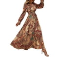thumbnail image 2 of Robe Longue Évasée à Imprimé Floral pour Femme, Col en V, Manches Longues, Décontractée, Portefeuille, Automne, Plage, Évasée, Brun Clair, TG, 2 of 9