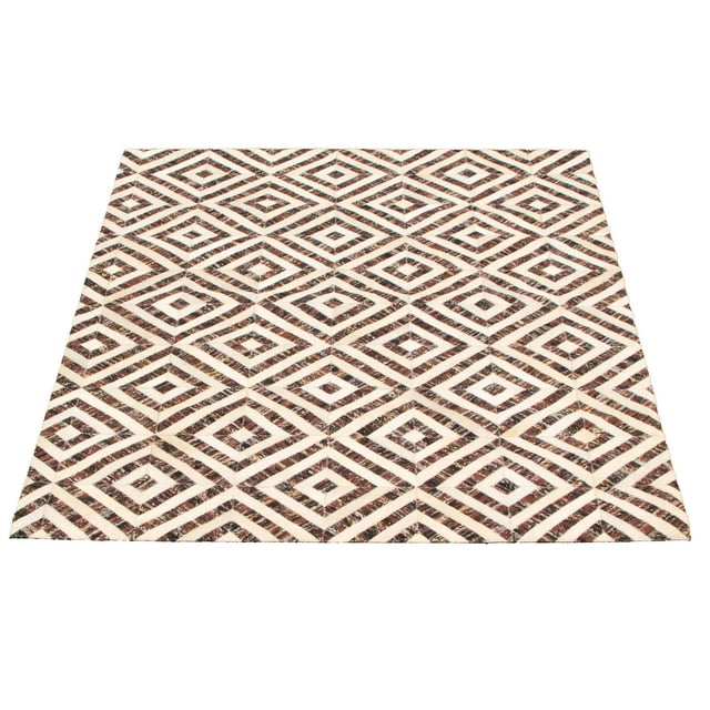 ECARPETGALLERY 4'8" x 6'3" Contemporary Cowhide Patchwork Handmade Area Rug with ivory and brown geometric diamond pattern, crafted from hand-stitched natural cowhide patches showing texture and shine, suitable for southwestern or modern minimalist living, dining, or bedroom décor.