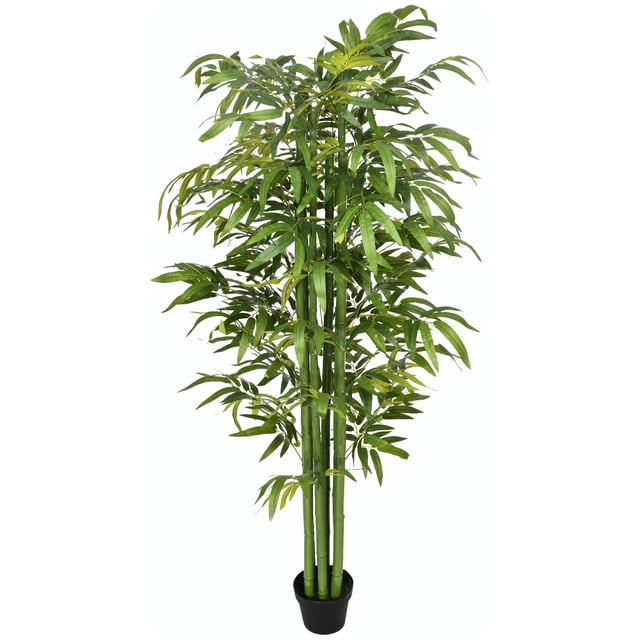 HOMCOM 6FT Artificial Bamboo Tree in Pot for Indoor, Green. This realistic faux bamboo tree features six trunks and 18 branches with lifelike green polyester leaves. It comes pre-potted in a sturdy black pot with black sand and cement for stability. Standing 70.9 inches tall, it is ideal for home or office décor, adding a natural accent to any space. Low maintenance and no assembly required.