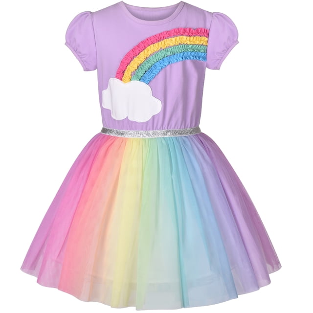 Girls Dress Purple Short Sleeve Rainbow Tulle Skirt Birthday Party 4 Years