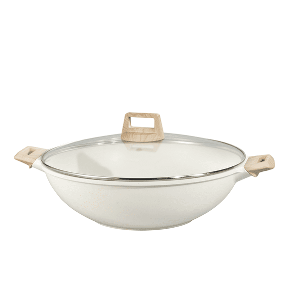 Carote 14" Wok Pan with Dual Handles and Lid, Nonstick Cookware with Induction, All Stoves Compatible, Easy to Clean, White Granite