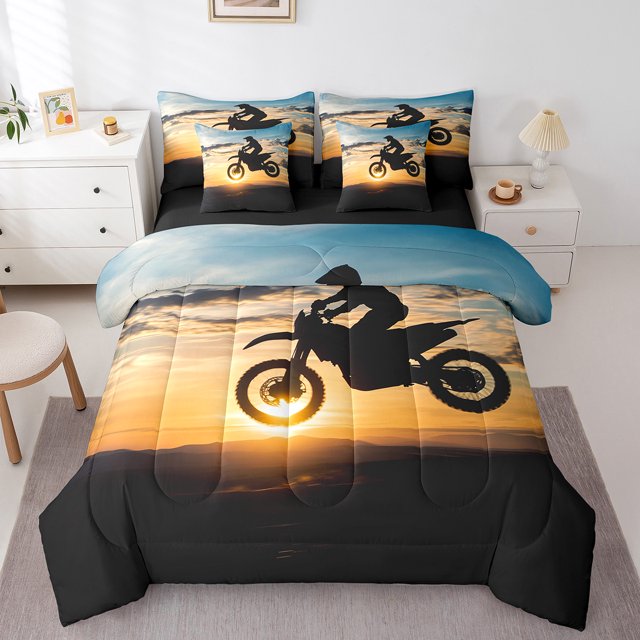 Ensemble de Douillette Motocross Rider Grand Lit, Sac de Literie Moto 7 Pcs, Ensemble de Literie Sport pour Enfants Garçons Ados Hommes, Ensemble de Draps Moto Réversible avec Douillette