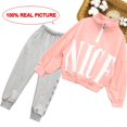 thumbnail image 1 of AAMILIFE Girls Sport Clothes Set Sweatshirt + Pants Letter Pattern Print Teenage Tracksuit, 1 of 3