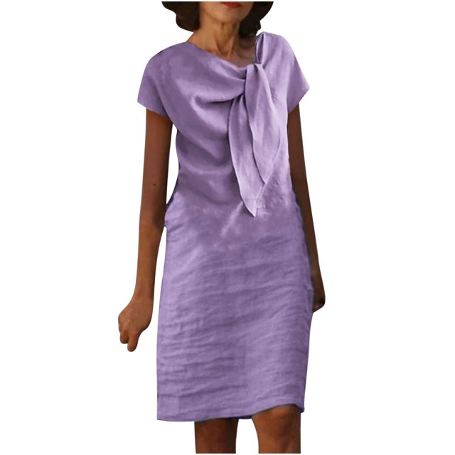 Robe d'Été pour Femmes 2024 Mode Grande Taille Col Rond à Nouer Manches Courtes Couleur Coton Robe en Coton et Lin Robe Longueur Genou avec Manches Courtes et Col Ras du Cou Rabais de 50 % Liquidation!