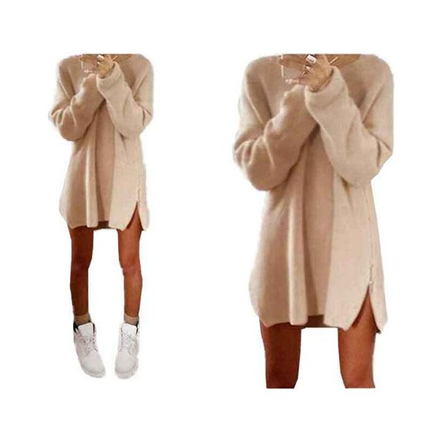 MesaSe Femmes O-Cou Pull à Manches Longues Robe Haut-Bas Côté Fermeture Éclair Robe en Tricot en Vrac
