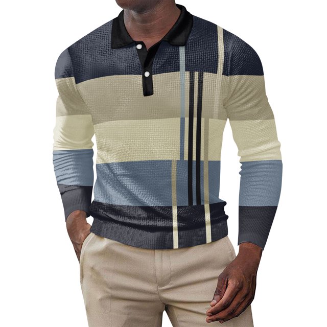 XZNGL Mens Patchwork Turndown Loose Fallow Fabric Button Long Sleeve Lapel Top/shirt