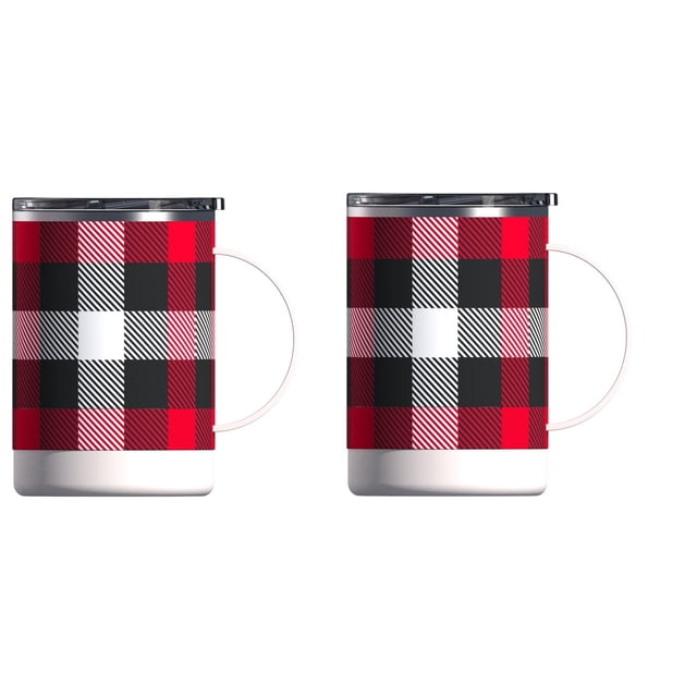 Asobu Tasse Ultime 14 Oz, Ensemble de 2, avec Motif à Carreaux Rouge, Noir et Blanc, Présentant des Rayures Diagonales, Revêtement Intérieur à Double Paroi en Acier Inoxydable et Céramique pour l'Isolation, Couvercles Ajustables Anti-Déversement et Poignées Rondes, Idéal pour Café Ou Thé Isolés à la Maison Ou en Déplacement.