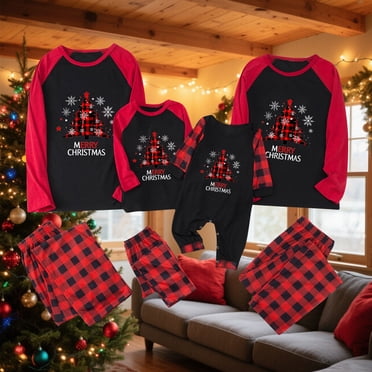 Erwazi Family Christmas Pajamas Matching Sets PJ's Sleepwear Christmas Trees Printed Shirts and Plaid Pants Festival Party Sleepwear with Pockets