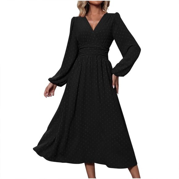 Denim Mini Dress Womens Chiffon Cocktail Maxi Dress, Long Sleeve V Neck Chiffon A-Line Flowy Wedding Guest Dresses Modest Dresses for Women Black XXL