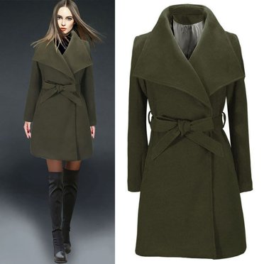 CHUANK Manteaux d'Hiver Chauds pour Femmes Dames Manteau Long Laine Trench à Revers Veste Cardigan Long Mince Pardessus Vert P