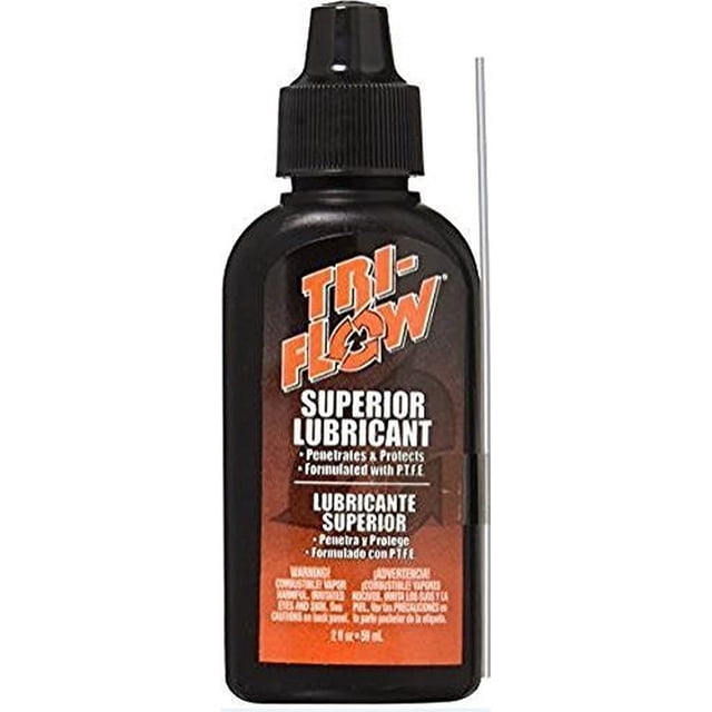 Tri-Flow TF21010 Superior Lubricant with Drip Bottle- 2 oz , Black/Red front-facing view of a 2 oz clear plastic bottle with a black screw cap and red precision nozzle, white label with Tri-Flow logo and product text, upright on a white background; often used as a precision applicator for small mechanical parts.