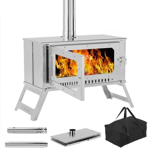 PIONEERWORKS Poêle de Tente Portable en Acier Inoxydable avec 5 Tuyaux de Cheminée, Poêle à Bois pour le Camping, Poêle de Tente avec Vitre, pour Chauffage et Cuisson Extérieurs