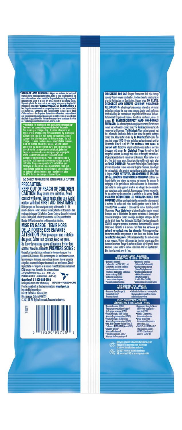 Lingettes Désinfectantes Lysol®, En Paquet Plat, Cascade de Printemps, 84 Lingettes
