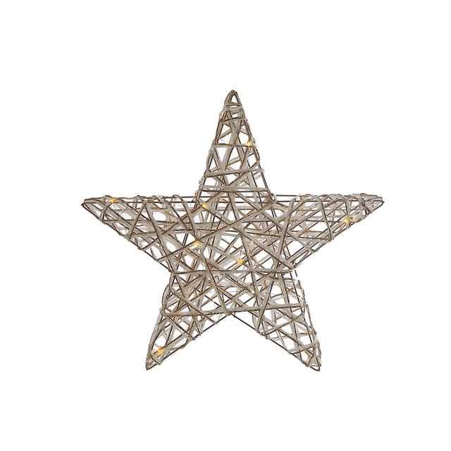 Led White and Gold Paper Star Large 18.90" featuring a large five-point star made from woven white and gold paper strips with integrated warm LED lights, ideal for festive tabletop décor and suitable for ambient lighting throughout the year.