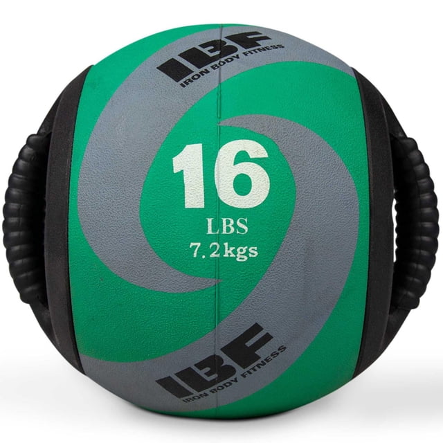 Iron Body Fitness Dual Grip Medicine Ball weighing 16 lbs (7.2 kgs) with green and gray rubber surface and built-in black textured handles for secure grip, suitable for strength training, core workouts, and functional fitness.