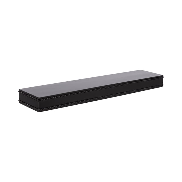 Hometrends 23in Wynot MDF Floating Wall Shelf Black, a rectangular black MDF shelf with decorative beading along top and bottom edges, measuring 22.9in wide, 5in deep, and 2in high, includes hanging hardware, ideal for displaying books, plants, or decor in living rooms, bedrooms, or offices, also suitable as a compact storage solution.