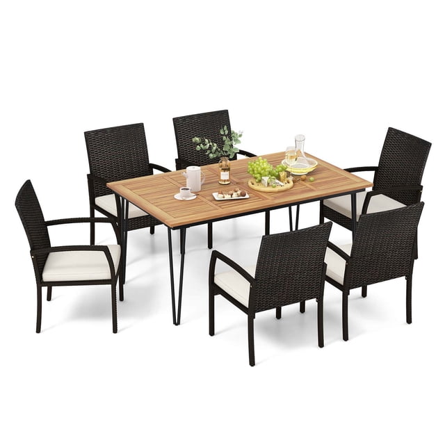 Gymax Set of 7 Dining Set w/ Acacia Wood Dining Table Rattan Armchairs Soft Cushions