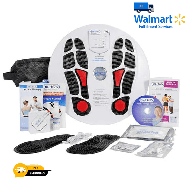 DR-HO'S Pain Relief Circulation Promoter, a TENS and EMS device designed to improve circulation and reduce pain in the legs and feet. The set includes a circular foot pad with black and red stimulation zones, additional electrode pads, connecting wires, a user manual, a DVD, and a carrying pouch. Suitable for treating diabetic neuropathy, sciatica, numbness, and varicose vein symptoms. Operates with 2 AAA batteries (not included).