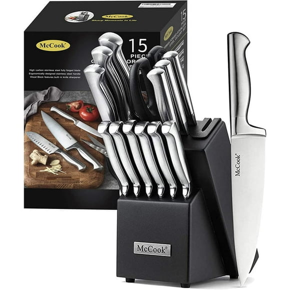 McCook MC21 Ensembles de Couteaux, 15 Pcs Ensembles de Blocs de Couteaux en Acier Inoxydable Allemand avec Aiguiseur Intégré