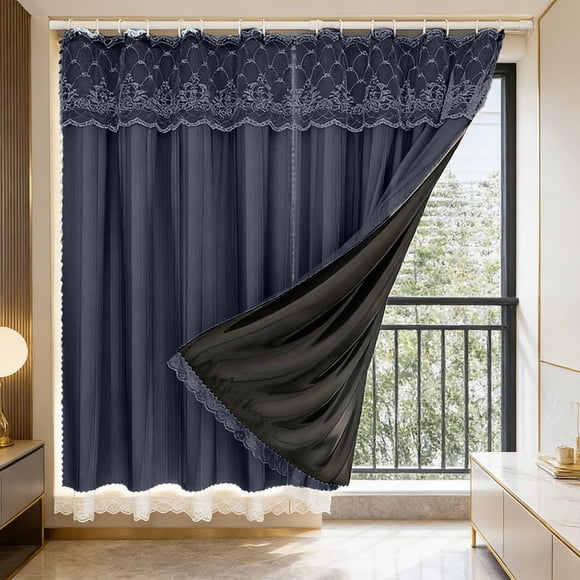 Double Layer Blackout Curtains Thermal Insulated Room Darkening Drapes, Xinsrenus No-Drill Rental Friendly Window Coverings for Bedroom, Light Filtering Sheer Lace Curtain for Bay Window Living Room