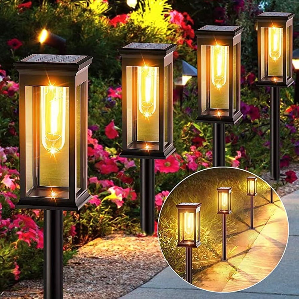 Solar Lights for Outdoor Garden, Pack of 4 Solar Lights Garden with Warm White Tungsten Light, IP65 Waterproof Solar Garden Lights for Garden Decoration, Lawn, Walkway, Balcony, Yard