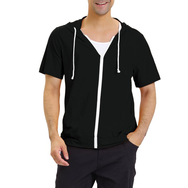 INSPIRE CHIC Men's Short Sleeve Hoodies Solid Color Zip Up Jackets with Hood M Black