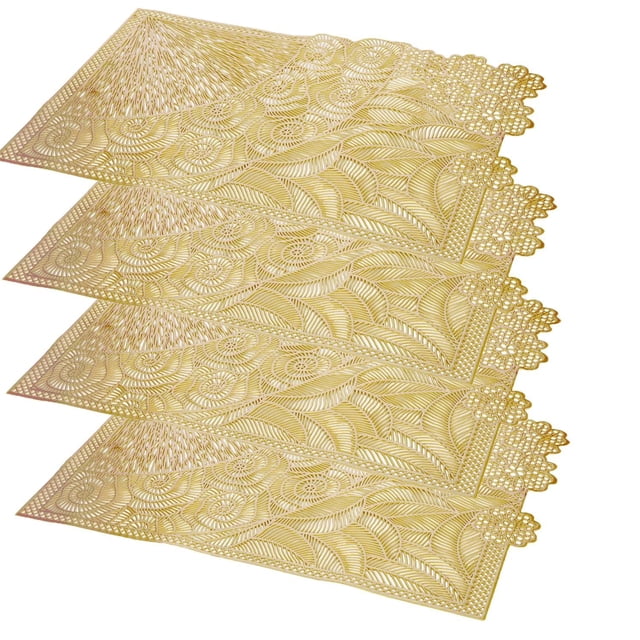 Chantilly Rectangular Gold Vinyl Placemat 45x30 cm Set of 4 with four gold vinyl placemats featuring intricate floral and leaf cutout patterns, rectangular shape with scalloped edges, heat resistant and non-slip, ideal for use as placemats, chargers, or decorative table pieces.