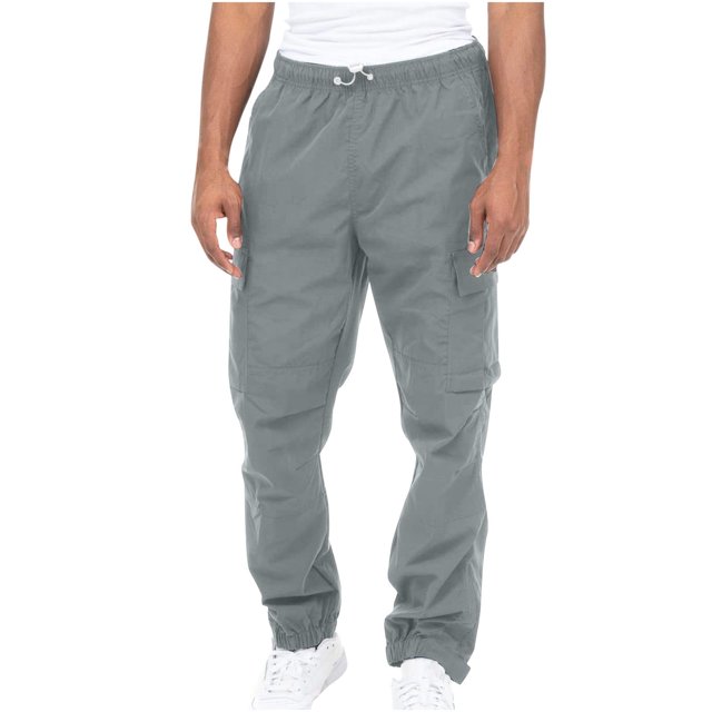 Autumn And Winter Mens Solid Color Work Pants Drawstring Leg Mouth Sticky Tape Pocket Casual Pants