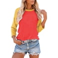 thumbnail image 1 of T-Shirts à Manches 3/4 pour Femmes - Blouse Ample Décontractée Style Baseball, T-Shirts pour Dames, Chandail Raglan Trois Quarts, T-Shirt à Blocs de Couleur à Col Ras du Cou, Hauts d'Été à Manches Courtes Style Casquette, Jaune TG, 1 of 7