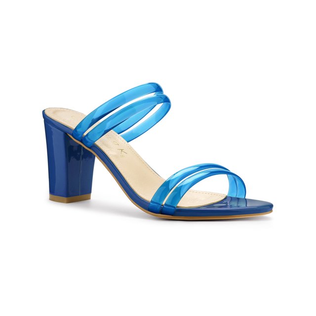 BLISSFUL STEP Women's Strappy Block Heel Slides Mules Sandals Blue 6.5