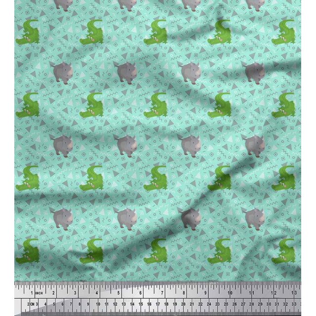 Soimoi Rayon Fabric Geometric Shapes,Crocodile & Rhinoceros Kids Printed Fabric 1 Yard 42 Inch Wide
