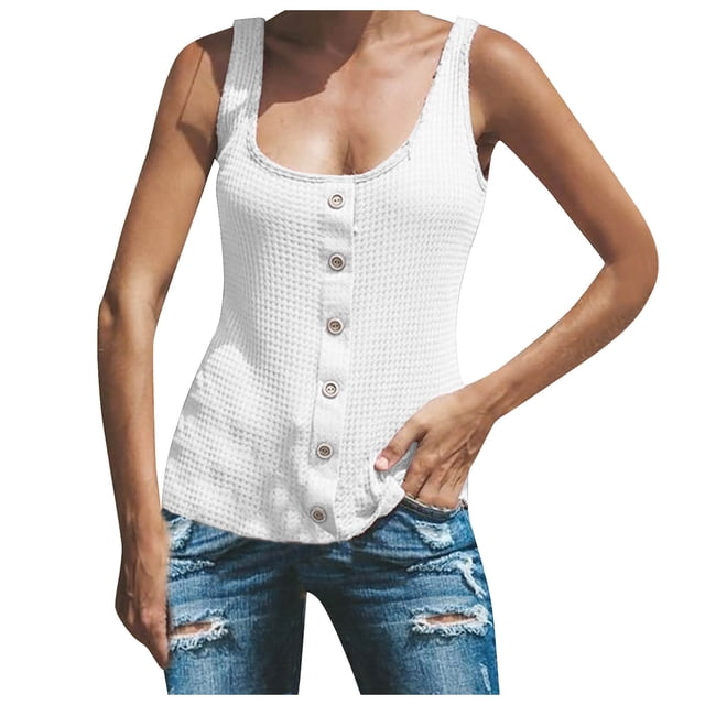 Timegard Plus Size Tank Tops for Women Round Neck Button Sleeveless Tops Casual Solid Color Knit Tee