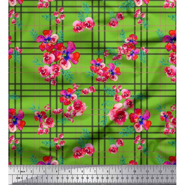 Soimoi Green Cotton Duck Fabric Check & Floral Print Fabric by Yard 42 Inch Wide