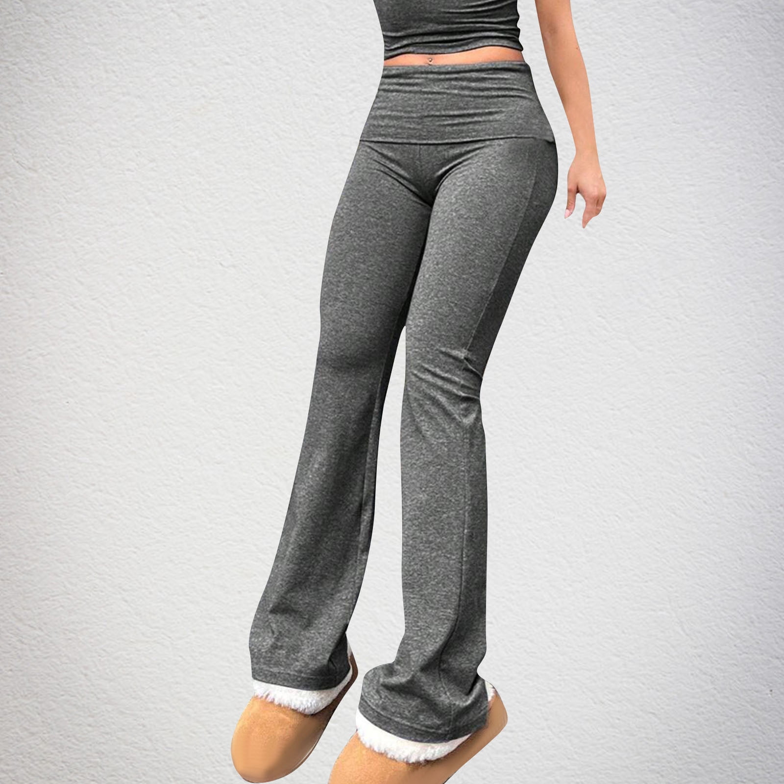 CFLVAEK Womens Fold Over Leggings Solid Color Flared Pants Comfy