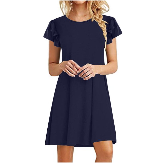 Birdeem Robes Mini pour Femmes Été Décontractées à Volants Manches Courtes Mignonnes Col Rond Robe Fluide avec Poches