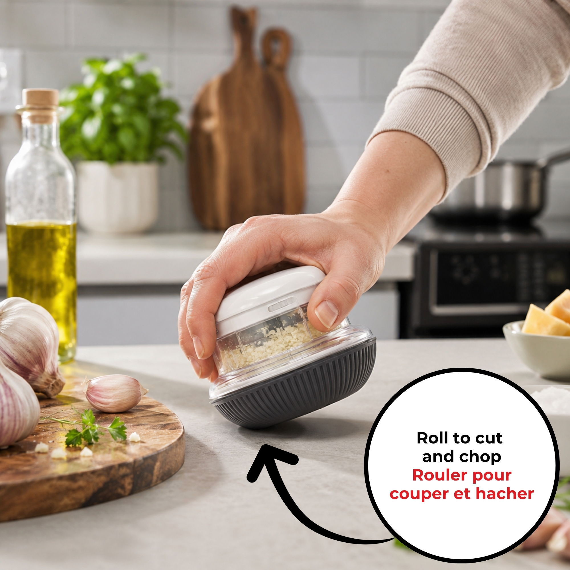 Starfrit Mini Rolling Chopper, Dual Stainless Steel Blades, Non-Slip Base, Ergonomic Design, Dishwasher Safe, Ideal for Garlic, Herbs, Nuts
