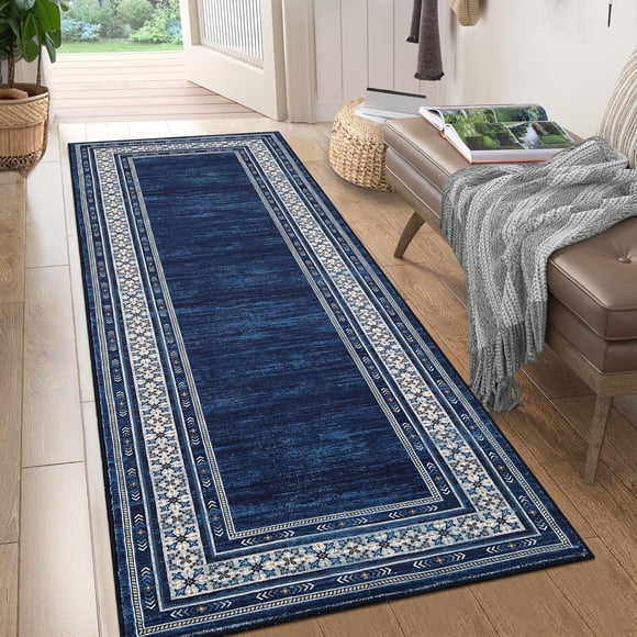 PioneerWorks 2x6 Washable Runner Rug Modern Geometric Bordered Rug Low Pile Non Slip Floor Carpet, Soft Non Shedding Hallway Runner, Distressed Thin Runner for Entryway, Kitchen, Blue